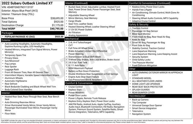 Used 2022 Subaru Outback Limited XT w/ Popular Package #2 AWD/4WD image 32