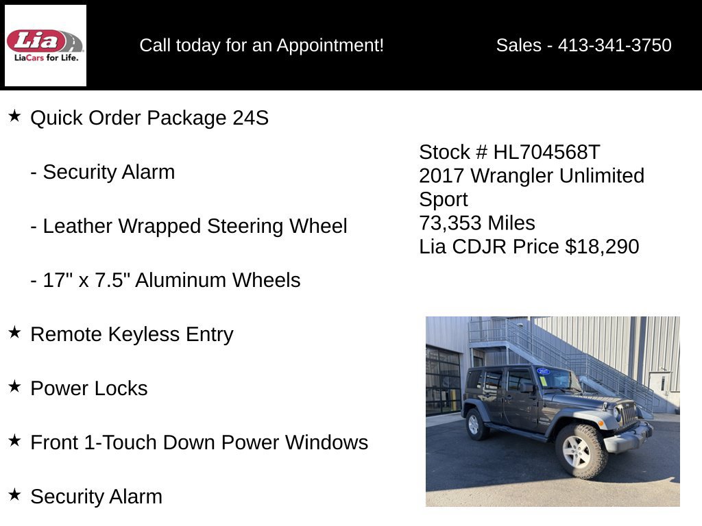 Certified 2017 Jeep Wrangler Unlimited Sport w/ Quick Order Package 24S AWD/4WD image 11