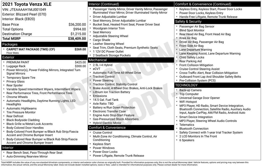 Certified 2021 Toyota Venza XLE w/ Carpet Mat Package (TMS) AWD/4WD image 34