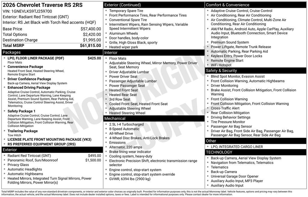 New 2026 Chevrolet Traverse RS w/ LPO, Floor Liner Package AWD/4WD image 2