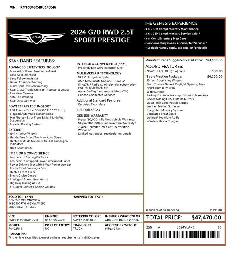 Used 2024 Genesis G70 2.5T w/ Sport Prestige Package RWD image 3