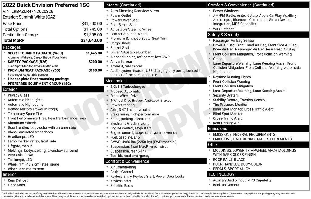 Used 2022 Buick Envision Preferred w/ Sport Touring Package image 6