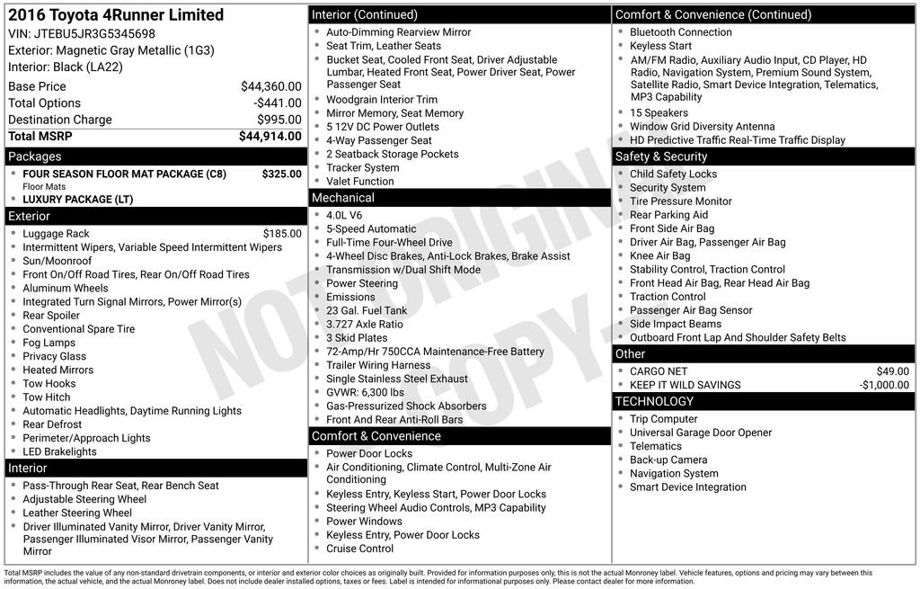 Used 2016 Toyota 4Runner Limited w/ Four Season Floor Mat Package AWD/4WD image 2