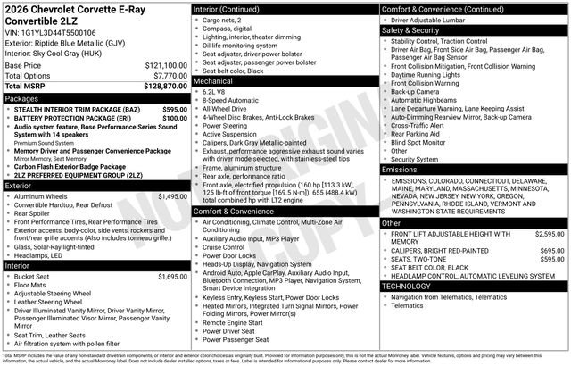 New 2026 Chevrolet Corvette E-Ray w/ Stealth Interior Trim Package image 1