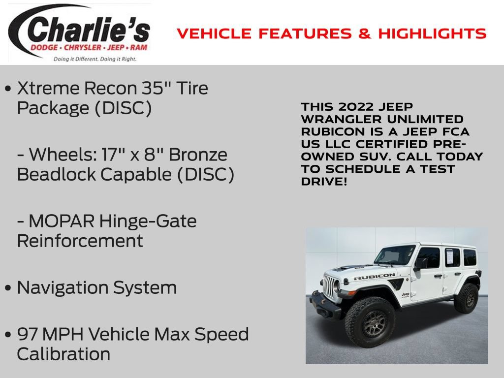 Certified 2022 Jeep Wrangler Unlimited Rubicon w/ Xtreme Recon 35" Tire Package AWD/4WD image 13