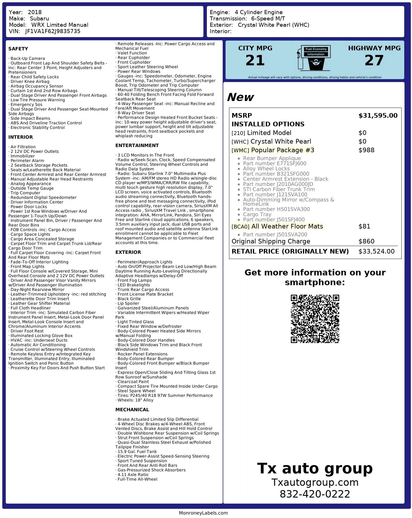 Used 2018 Subaru WRX Limited w/ Popular Package #3 image 3