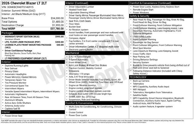 New 2026 Chevrolet Blazer LT w/ Midnight/Sport Edition FWD 360° Tour
