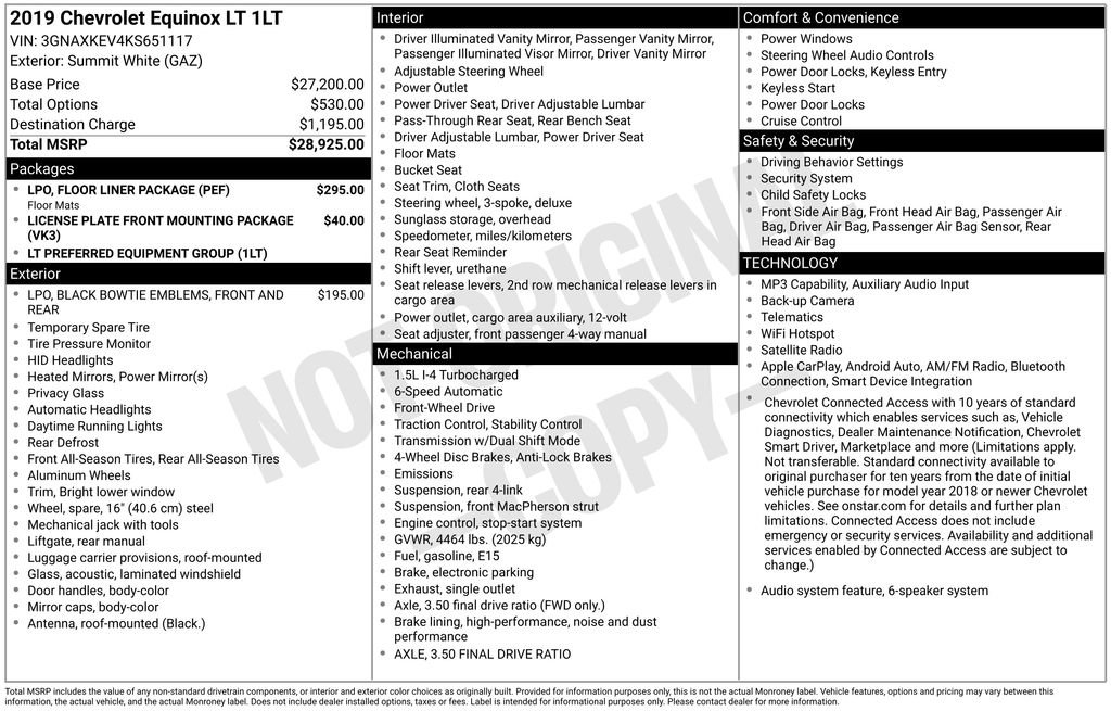 Used 2019 Chevrolet Equinox LT w/ LPO, Floor Liner Package FWD image 6