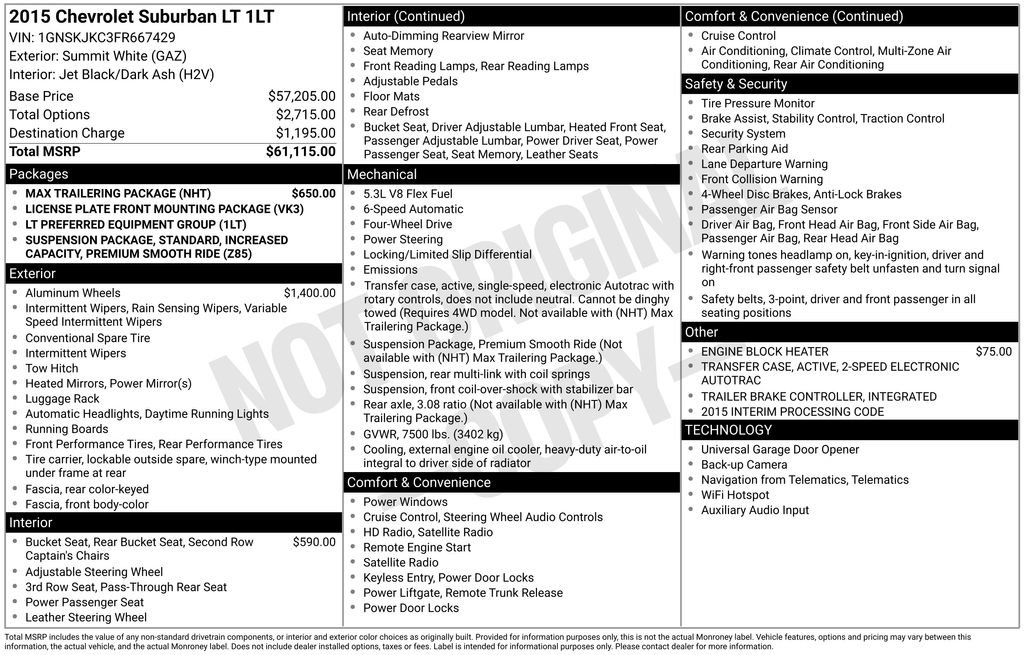 Used 2015 Chevrolet Suburban LT w/ Max Trailering Package AWD/4WD image 15