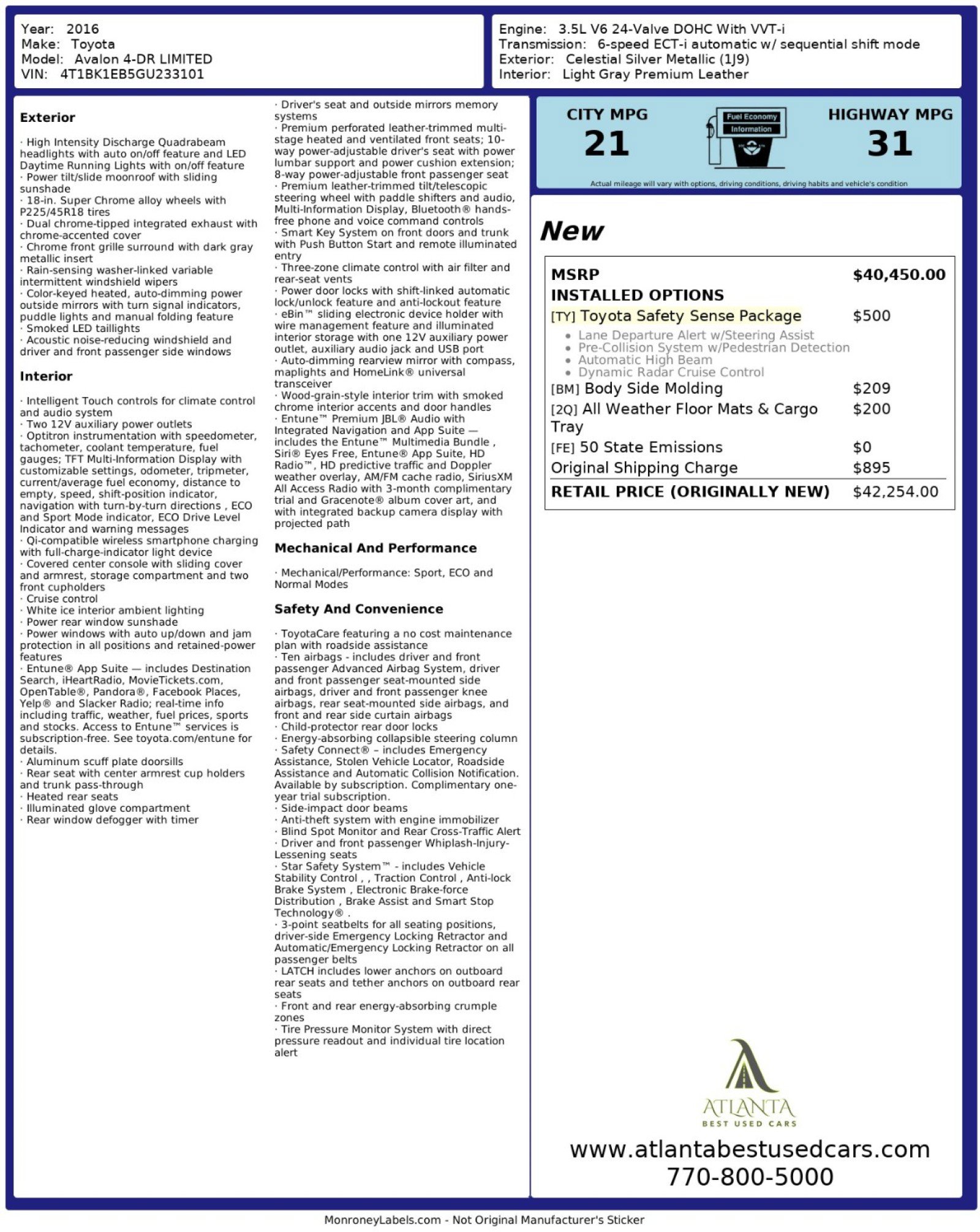 Used 2016 Toyota Avalon Limited w/ Toyota Safety Sense Package image 52