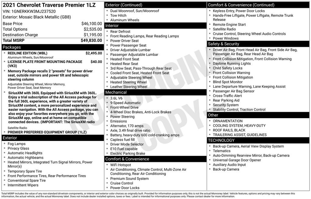 Used 2021 Chevrolet Traverse Premier w/ Redline Edition FWD image 7