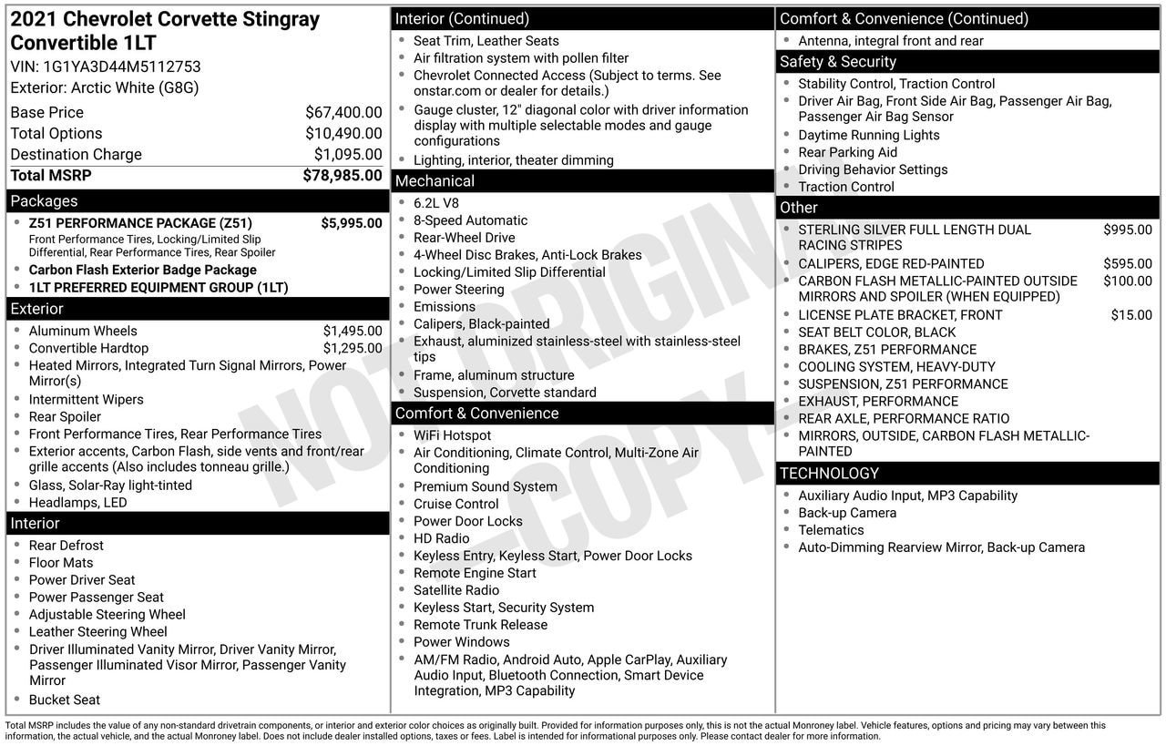 Used 2021 Chevrolet Corvette Stingray Convertible w/ Z51 Performance Package RWD image 30