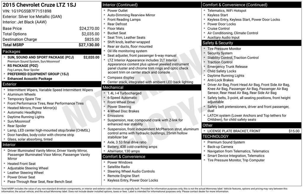 Used 2015 Chevrolet Cruze LTZ w/ Sun, Sound and Sport Package FWD image 2