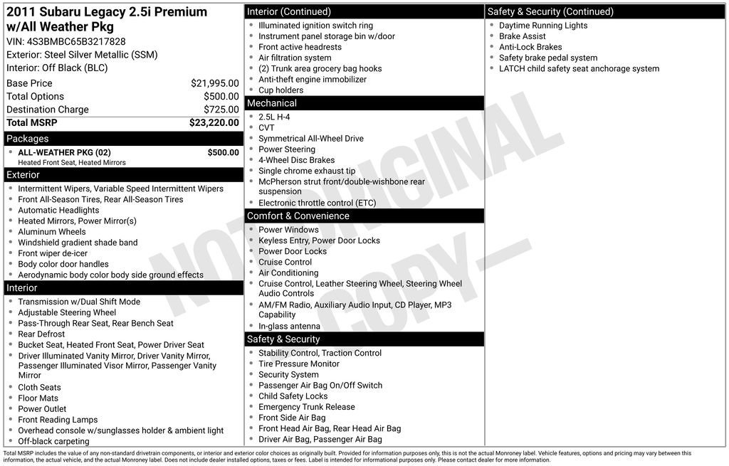 Used 2011 Subaru Legacy 2.5i Premium w/ All-Weather Pkg image 2