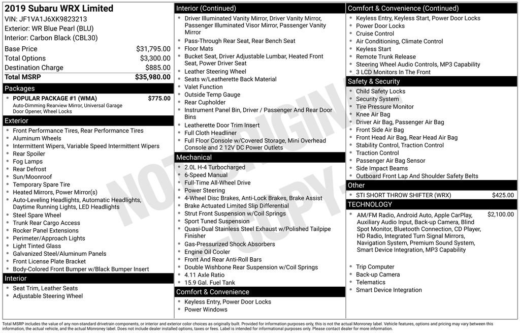 Used 2019 Subaru WRX Limited w/ Popular Package #1 image 6