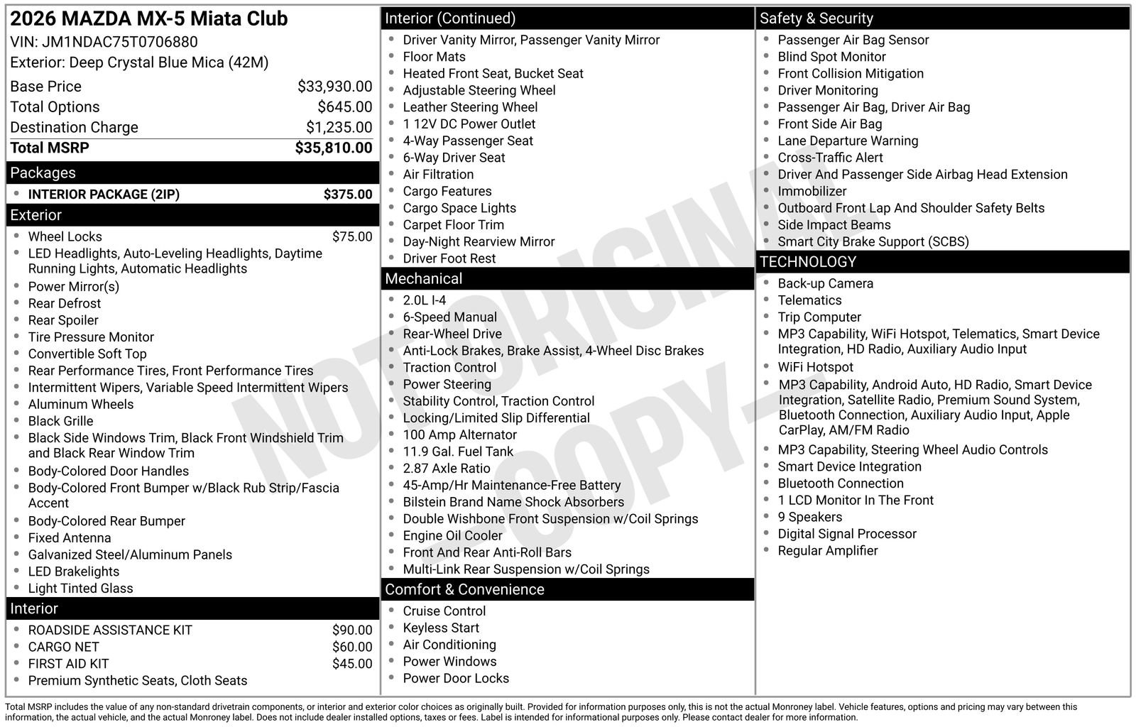 New 2026 MAZDA MX-5 Miata Club w/ Interior Package RWD image 22