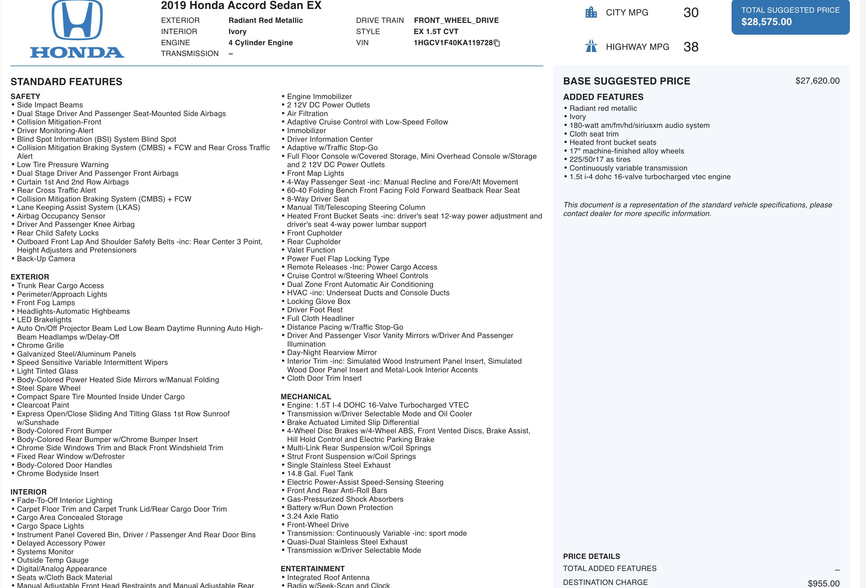 Used 2019 Honda Accord EX image 2