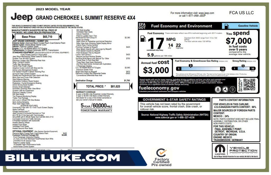 Certified 2023 Jeep Grand Cherokee L Summit AWD/4WD image 1