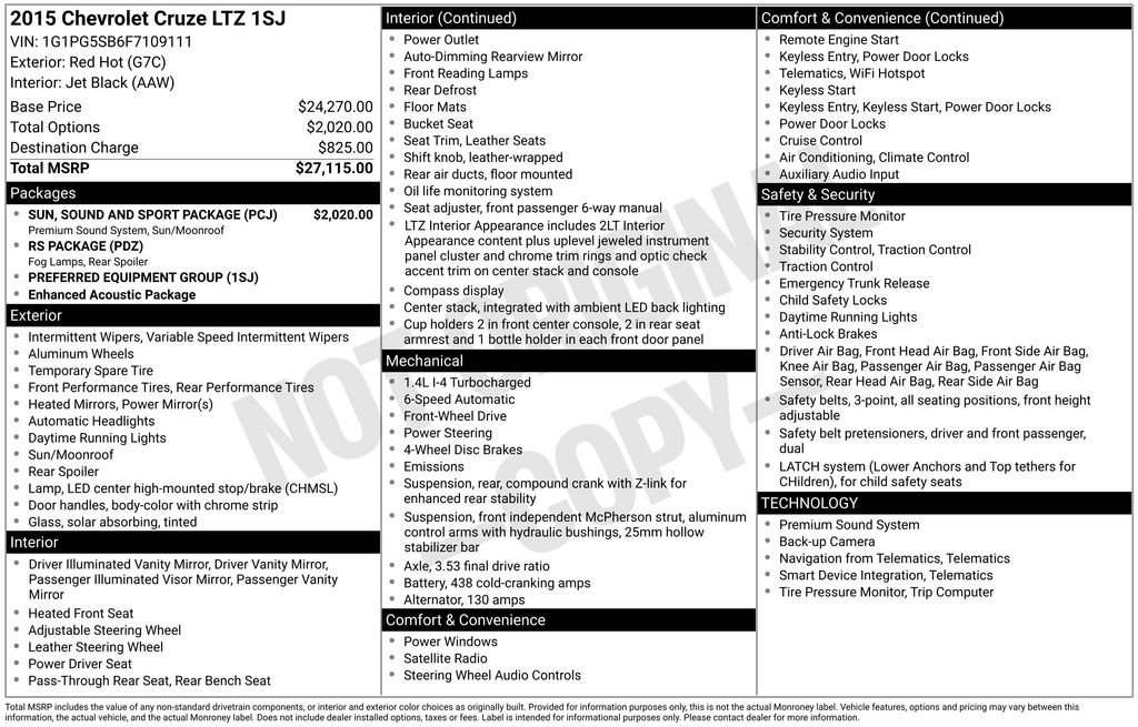 Used 2015 Chevrolet Cruze LTZ w/ Sun, Sound and Sport Package FWD image 4