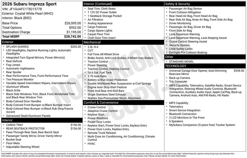 New 2026 Subaru Impreza 2.0i Sport AWD/4WD image 41