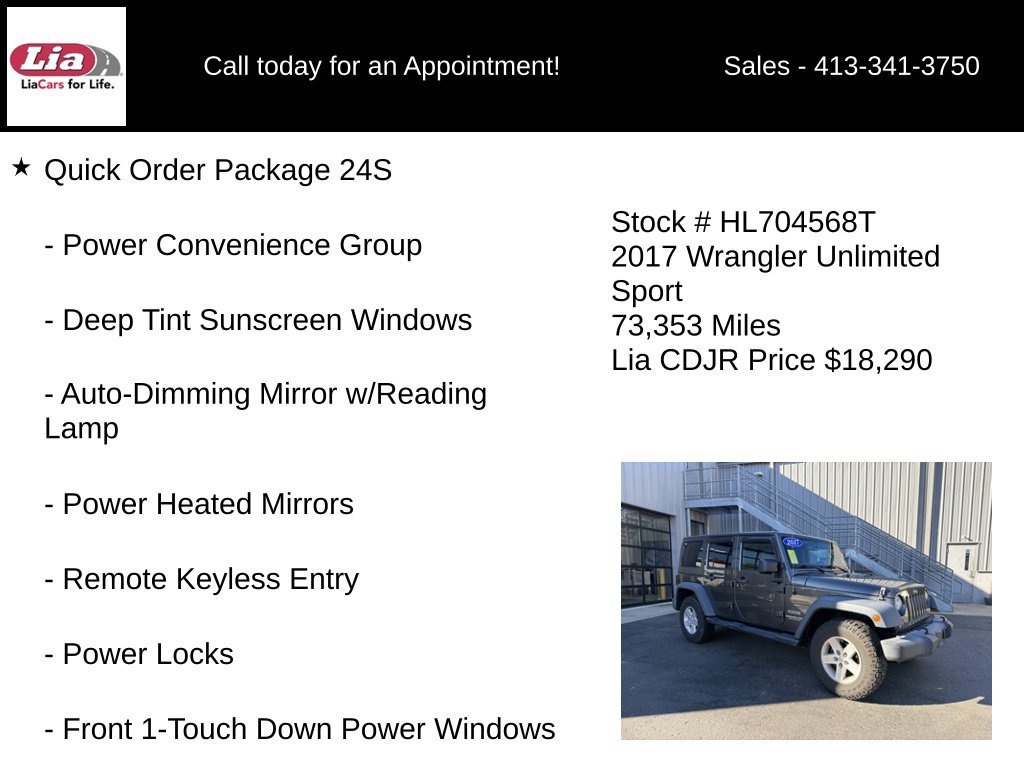 Certified 2017 Jeep Wrangler Unlimited Sport w/ Quick Order Package 24S AWD/4WD image 6