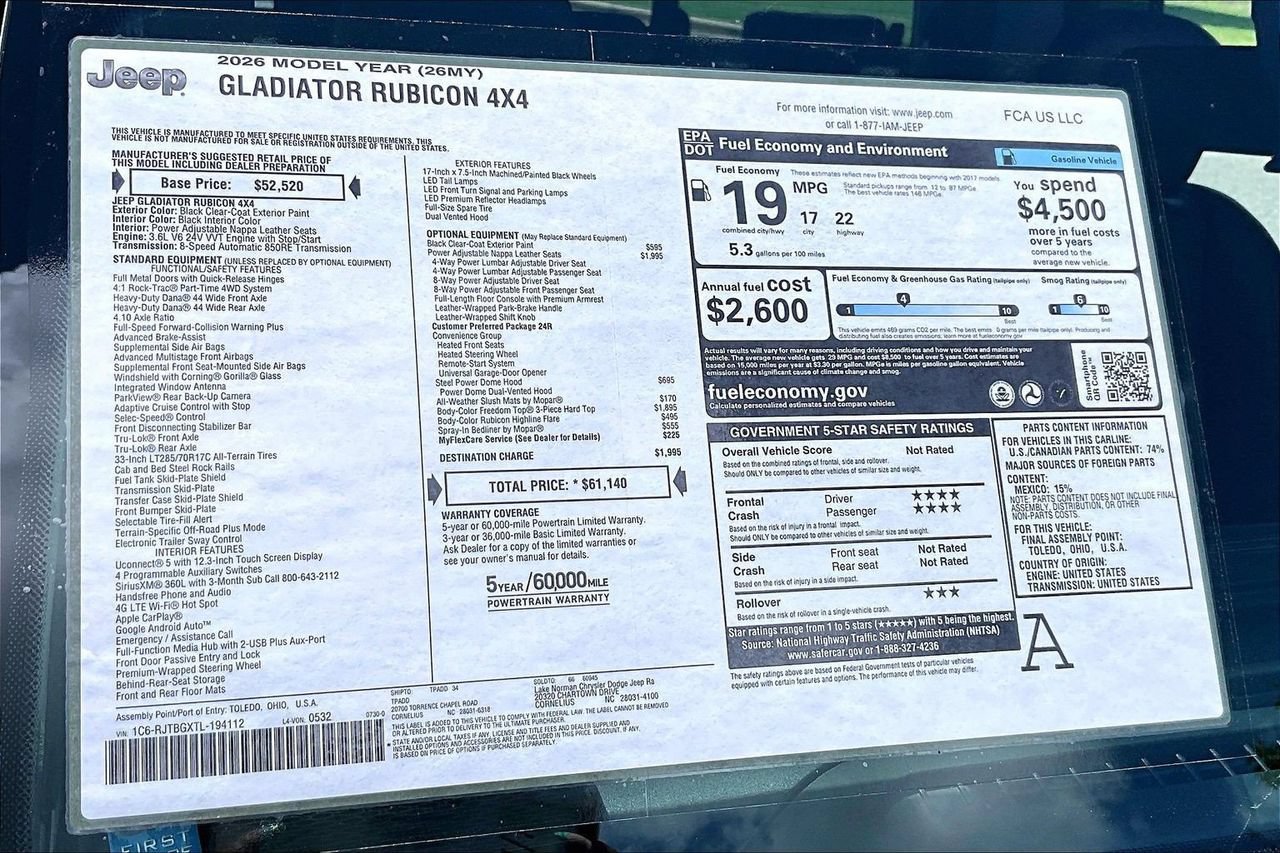New 2026 Jeep Gladiator Rubicon w/ Steel Power Dome Hood Package AWD/4WD image 34