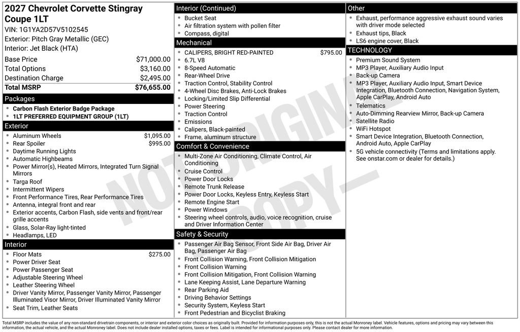 New 2027 Chevrolet Corvette Stingray Coupe w/ 1LT RWD image 6