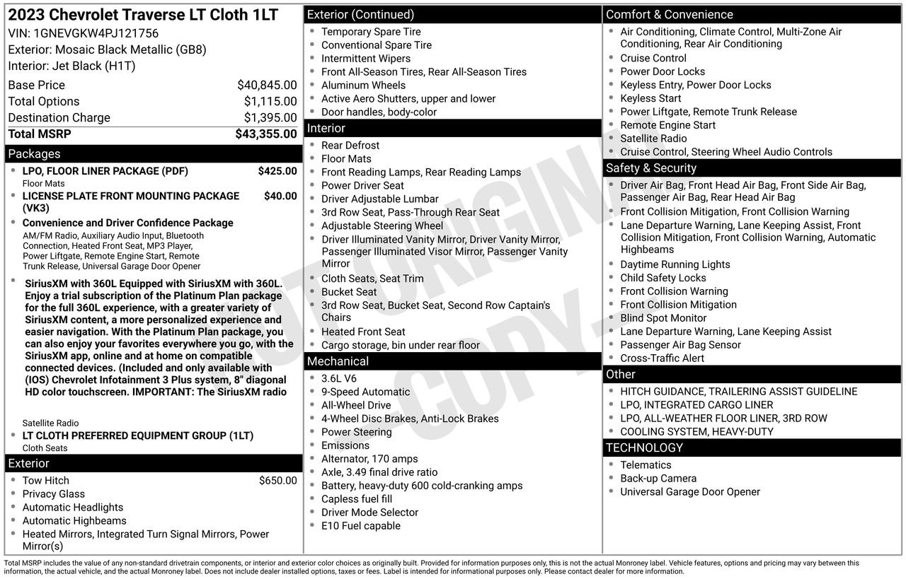 Used 2023 Chevrolet Traverse LT w/ LPO, Floor Liner Package image 39