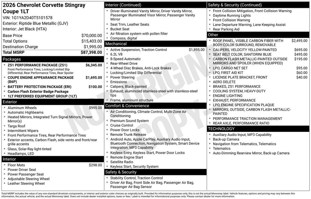 New 2026 Chevrolet Corvette Stingray Coupe w/ Z51 Performance Package image 28