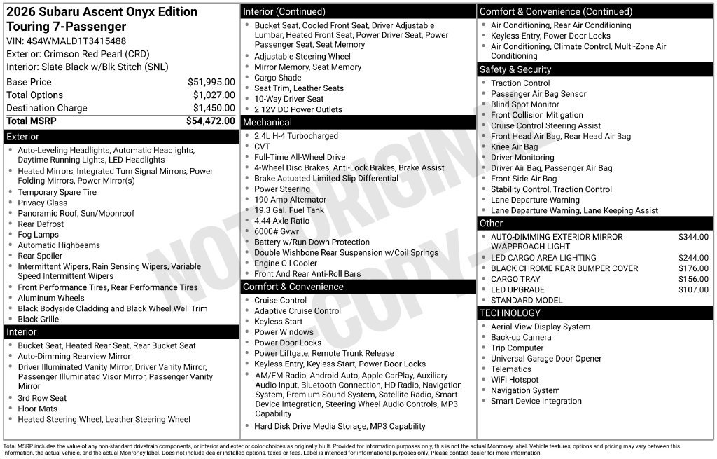New 2026 Subaru Ascent Bronze Edition AWD/4WD image 2