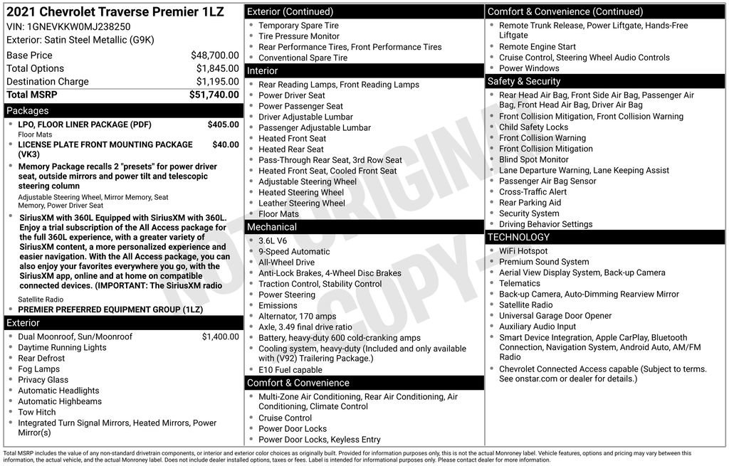 Certified 2021 Chevrolet Traverse Premier w/ LPO, Floor Liner Package AWD/4WD image 11