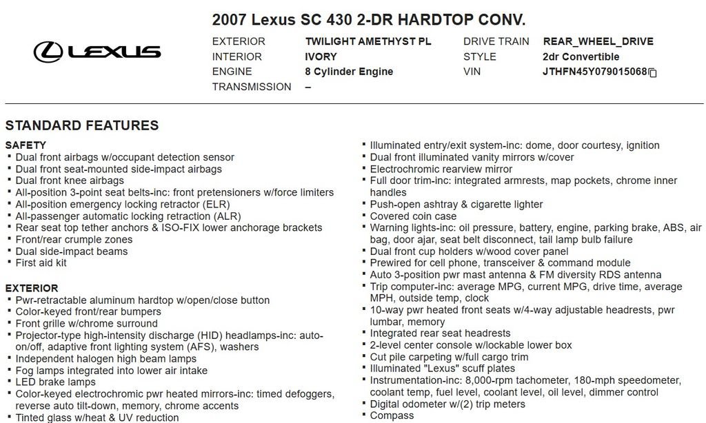 Used 2007 Lexus SC 430 Convertible RWD image 16