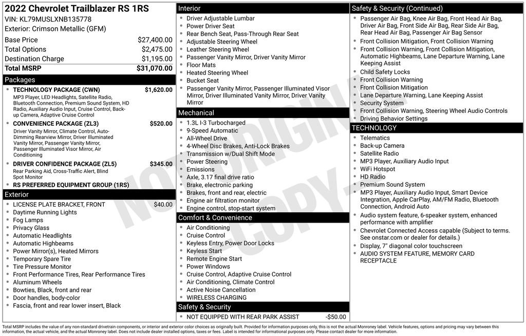 Used 2022 Chevrolet TrailBlazer RS w/ Technology Package AWD/4WD image 32