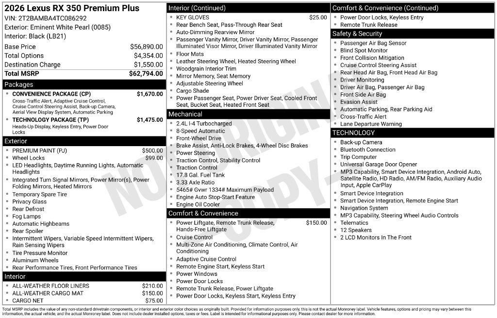 New 2026 Lexus RX 350 Premium Plus w/ Convenience Package FWD image 4