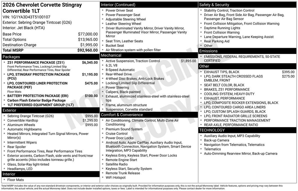 New 2026 Chevrolet Corvette Stingray Convertible w/ Z51 Performance Package image 4