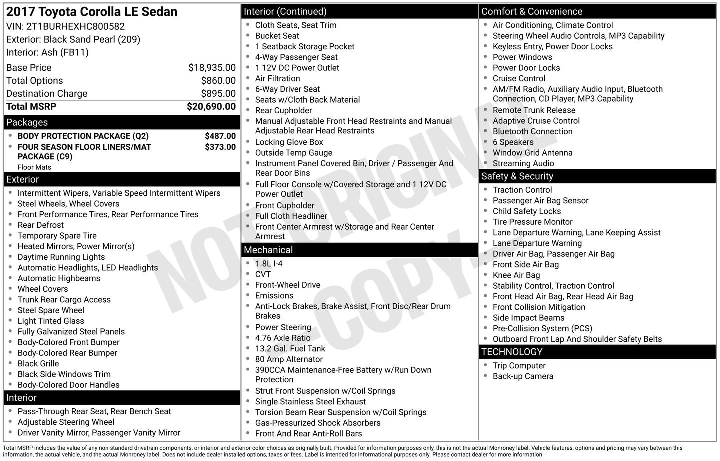 Used 2017 Toyota Corolla LE w/ Body Protection Package FWD image 2