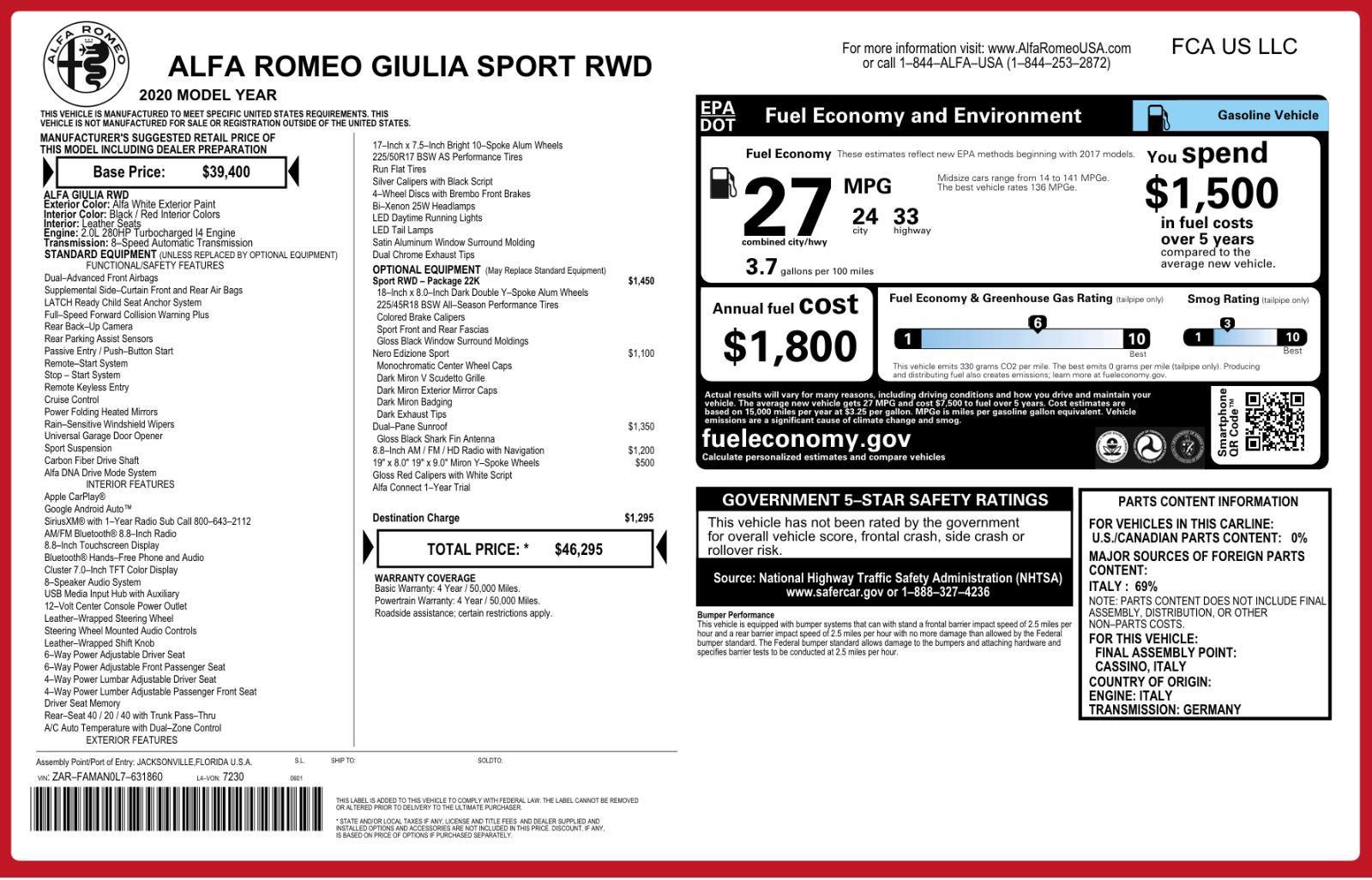 Used 2020 Alfa Romeo Giulia w/ Quick Order Package 22K Sport RWD image 5