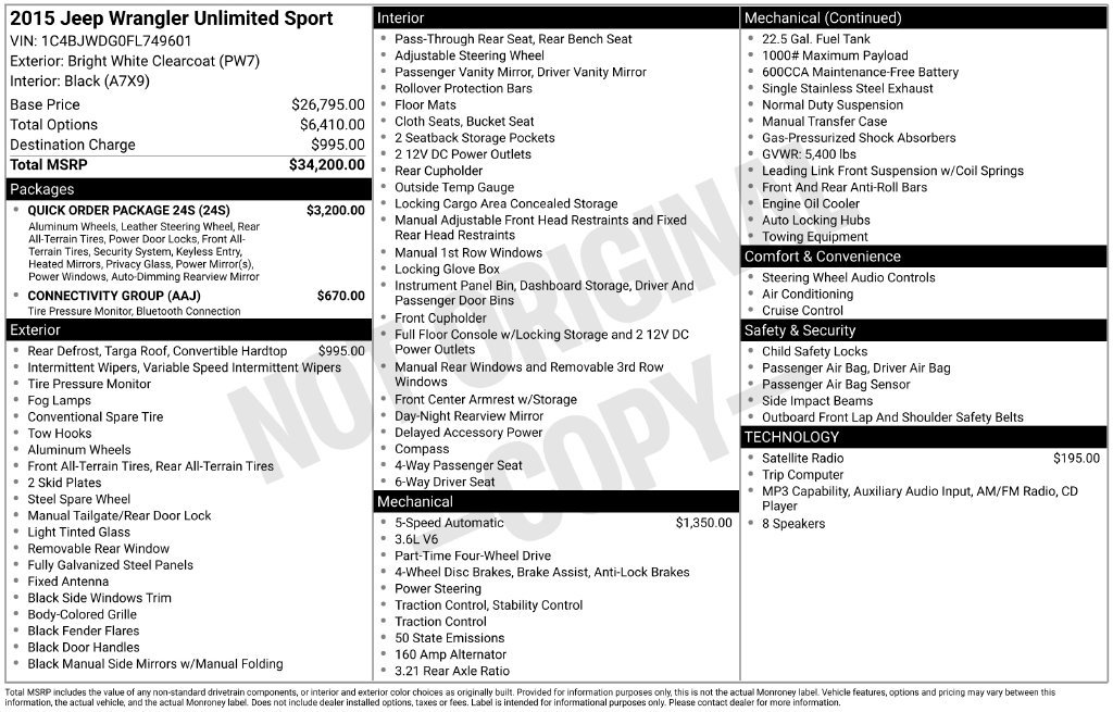 Used 2015 Jeep Wrangler Unlimited Sport w/ Quick Order Package 24S AWD/4WD image 6