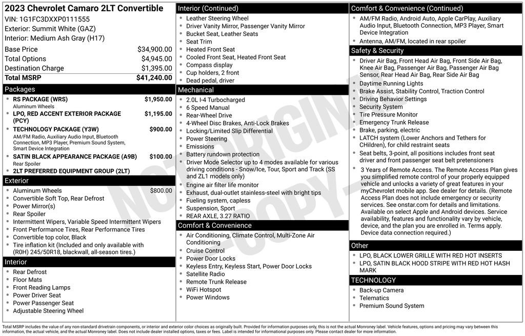 Used 2023 Chevrolet Camaro LT w/ RS Package image 5