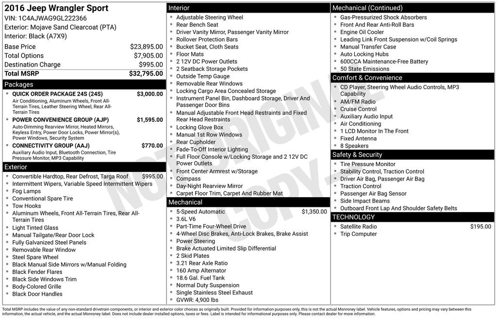 Used 2016 Jeep Wrangler Sport w/ Quick Order Package 24S image 2