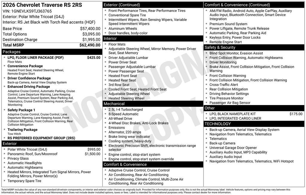 New 2026 Chevrolet Traverse RS w/ LPO, Floor Liner Package AWD/4WD image 11