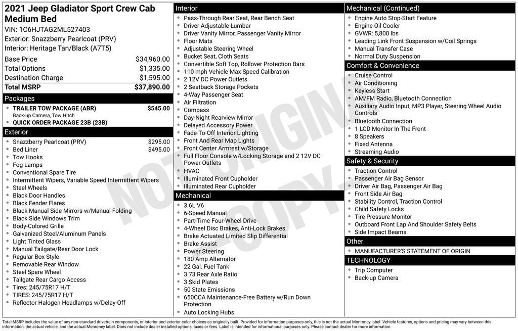 Used 2021 Jeep Gladiator Sport w/ Trailer Tow Package AWD/4WD image 36