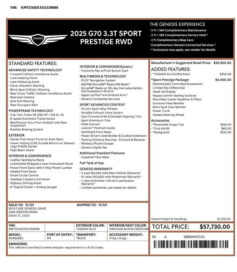Used 2025 Genesis G70 3.3T Advanced w/ Sport Prestige Package RWD image 2