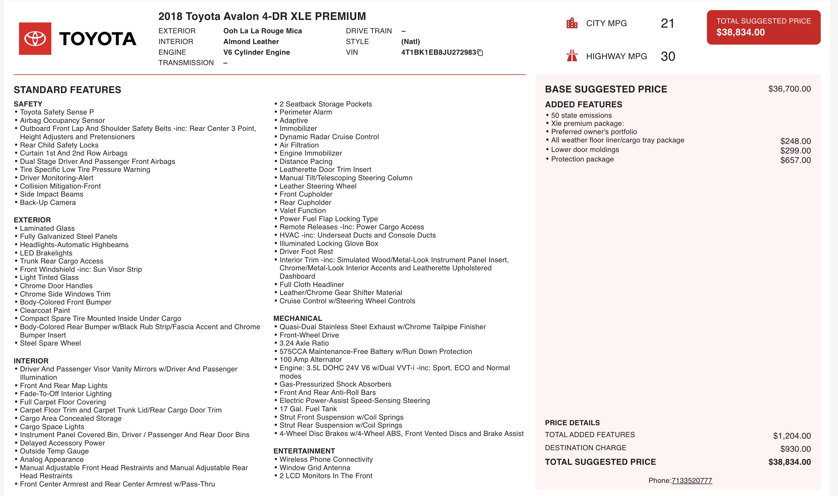 Used 2018 Toyota Avalon XLE Premium w/ Protection Package image 5