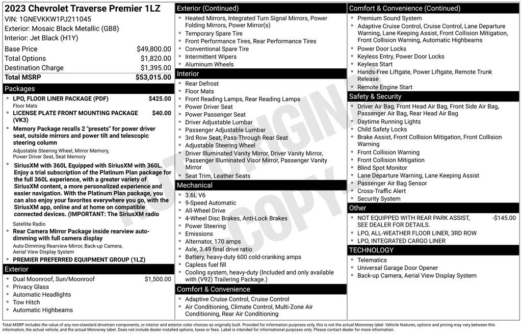 Used 2023 Chevrolet Traverse Premier w/ LPO, Floor Liner Package AWD/4WD image 3