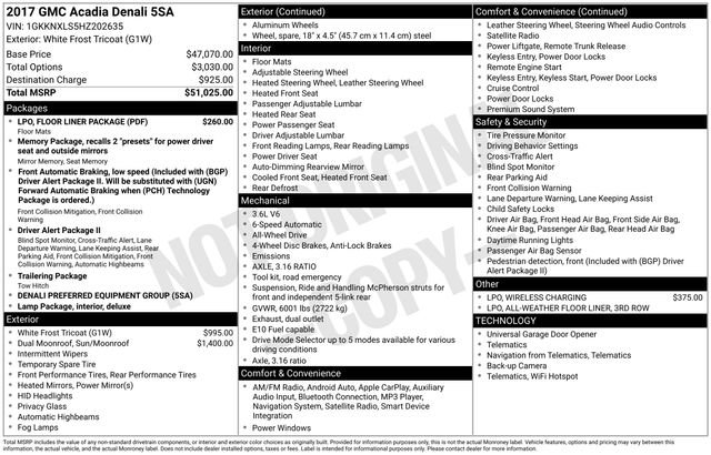 Used 2017 GMC Acadia Denali w/ LPO, Floor Liner Package image 2