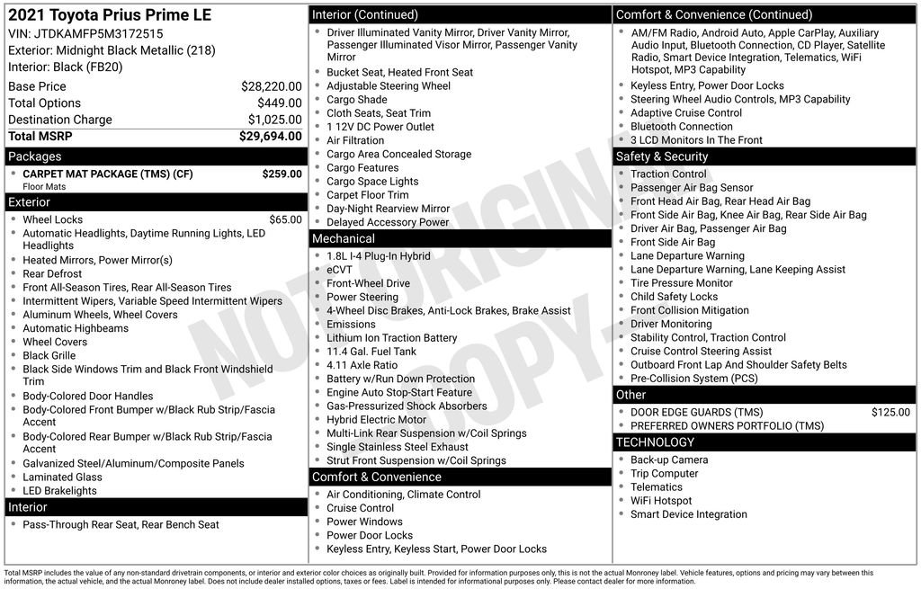 Used 2021 Toyota Prius Prime LE w/ Carpet Mat Package (TMS) FWD image 7