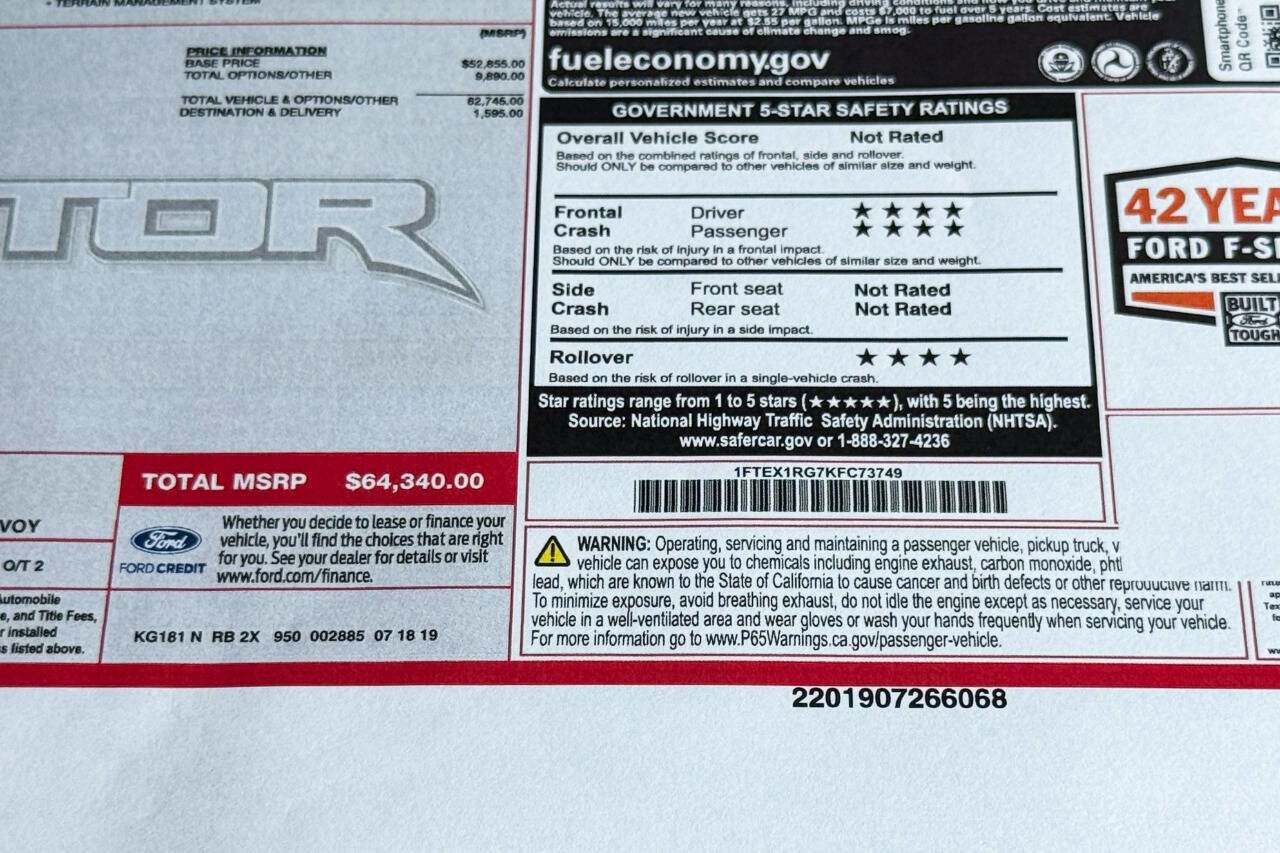 Used 2019 Ford F150 Raptor w/ Equipment Group 801A Mid image 42
