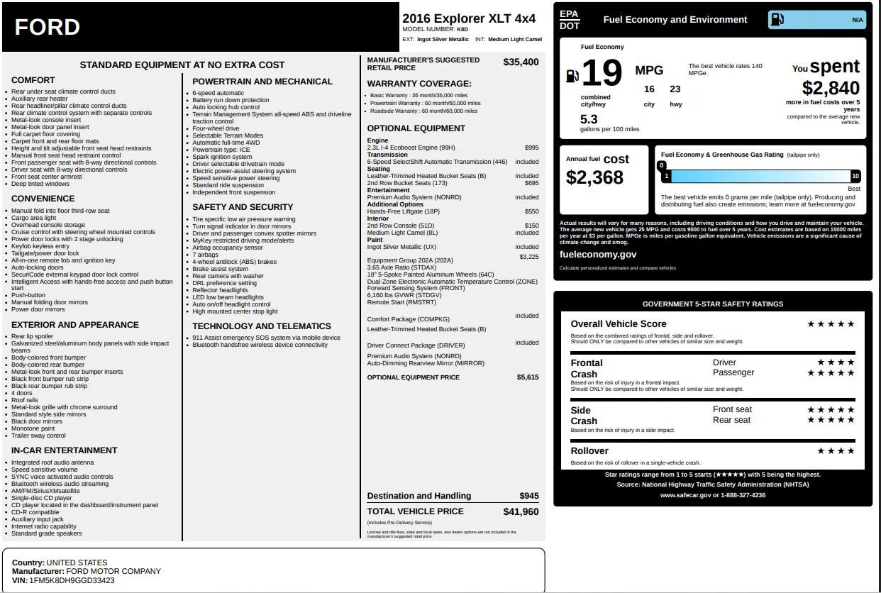 Used 2016 Ford Explorer XLT w/ Equipment Group 202A image 67