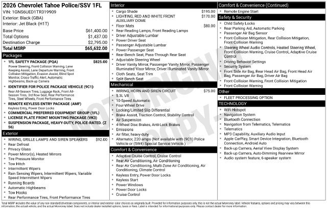 New 2026 Chevrolet Tahoe 4WD w/ 1FL Safety Package image 2